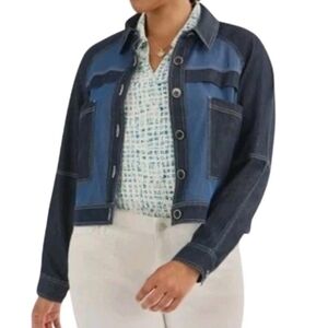 Cabi Compositon Denim Crop Jacket Two-Tone Blue Buttons-Up Size Medium